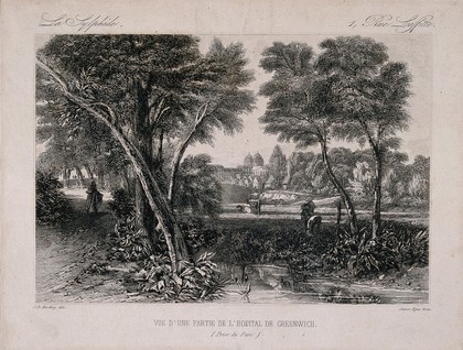 Greenwich, with trees in the foreground, London in the distance. Etching by James, after J. D. Harding, 1822.