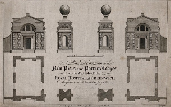 Royal Naval Hospital, Greenwich, the gate piers and porters' lodges: plans and elevations, with a scale of feet. Engraving by J. Basire after himself, 1752.