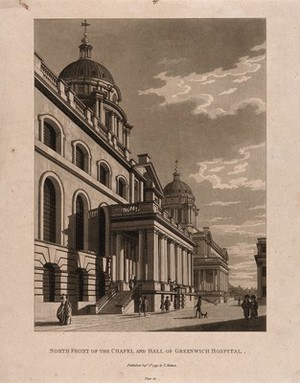 view Royal Naval Hospital, Greenwich, a three-quarter view of the Chapel looking west, with people in the foreground. Aquatint by T. Malton, 1799.