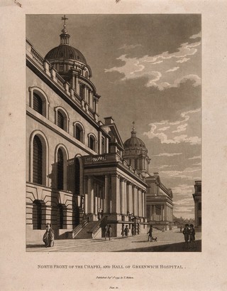 Royal Naval Hospital, Greenwich, a three-quarter view of the Chapel looking west, with people in the foreground. Aquatint by T. Malton, 1799.