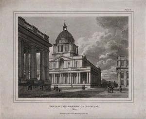 view Royal Naval Hospital, Greenwich, a three-quarter view of the Hall. Engraving by J. Storer after F. Nash, 1803.