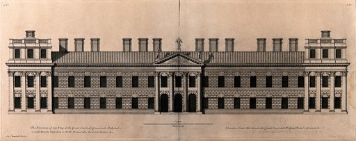 Royal Naval Hospital, Greenwich, an elevation of the great court, with a scale. Engraving by H. Hulsburgh after C. Campbell, 1715.
