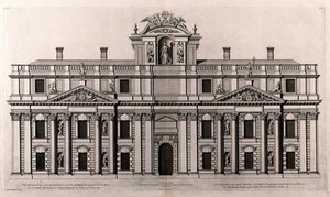 view Royal Naval Hospital, Greenwich, part of the King Charles block, with a scale. Engraving by H. Hulsburgh after C. Campbell, 1715.