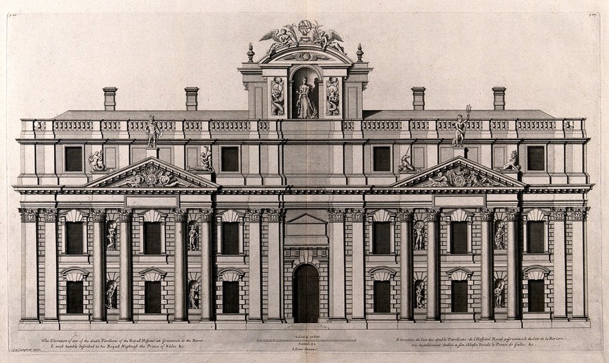 Royal Naval Hospital, Greenwich, part of the King Charles block, with a scale. Engraving by H. Hulsburgh after C. Campbell, 1715.