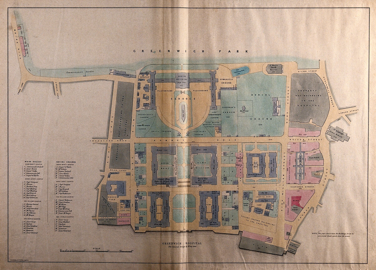 A general plan of the layout of the Royal Naval Hospital, Greenwich, with a scale and a key to wash houses and drying grounds. Coloured lithograph, after 1843, after P. C. Hardwick., by Philip Charles Hardwick