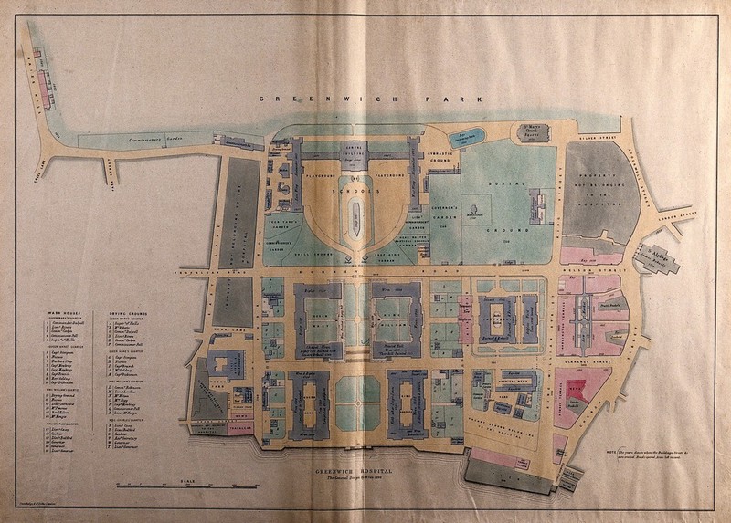 A general plan of the layout of the Royal Naval Hospital, Greenwich, with a scale and a key to wash houses and drying grounds. Coloured lithograph, after 1843, after P. C. Hardwick., by Philip Charles Hardwick