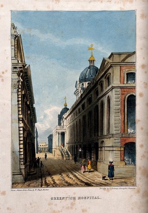 view Royal Naval Hospital, Greenwich, a three-quarter view of the Hall and Chapel looking east, with people in the foreground. Coloured lithograph by W.B. Barker.