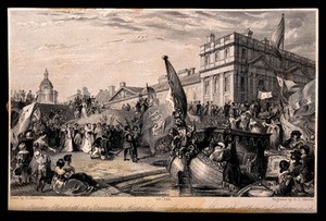 view Queen Elizabeth I making her way to the Royal Barge moored at the quay, many courtiers, musicians, etc. either side. Engraving by H. C. Shenton after H. Melville.