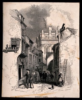 Fisher's Alley (Fisher Lane), near the Royal Naval Hospital, Greenwich, with many Pensioners and other people walking. Wood engraving by R. Branston after C. Stanfield.