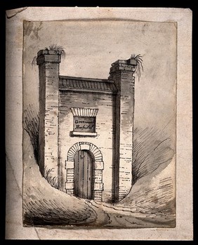 A ruined gateway, with weeds growing out of the top of the piers, labelled in a blind central window: "Greenwich Hospital". Pen drawing with wash.