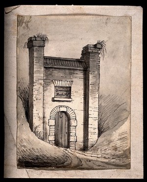 view A ruined gateway, with weeds growing out of the top of the piers, labelled in a blind central window: "Greenwich Hospital". Pen drawing with wash.