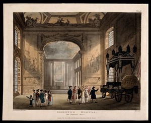 view Royal Naval Hospital, Greenwich: visitors in the Painted Hall, with Horatio Nelson's catafalque. Coloured aquatint by J. Bluck after A. C. Pugin and T. Rowlandson, 1810.