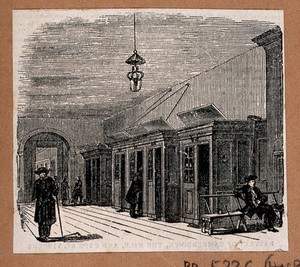 view Royal Naval Hospital, Greenwich: the interior of the King Charles Ward, with some "cabbins" and several pensioners. Wood engraving.