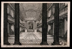 view Royal Naval Hospital, Greenwich: the interior of the Chapel. Engraving by Page.