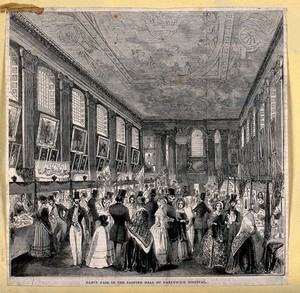 view Royal Naval Hospital, Greenwich: the interior of the Painted Hall, a fancy fair in progress. Wood engraving.