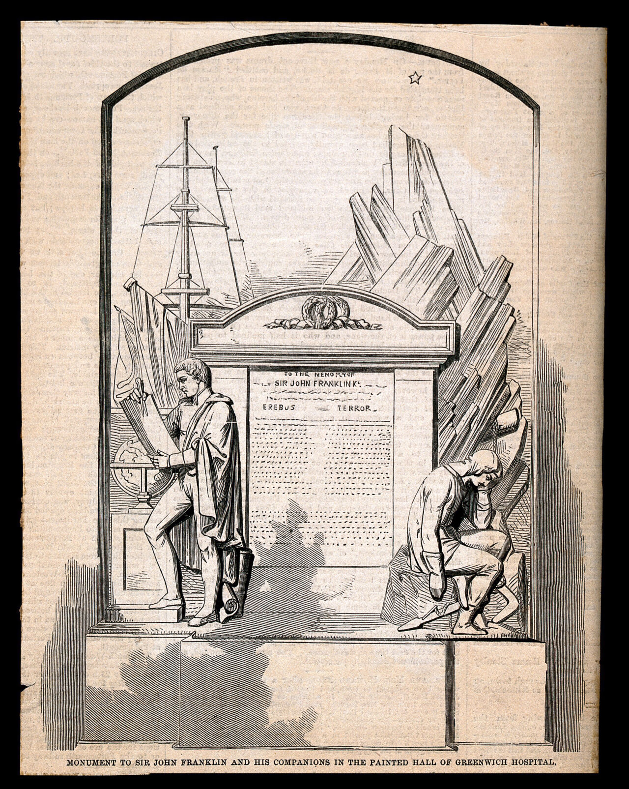 Monument to Sir John Franklin in the Painted Hall at Greenwich Hospital. Wood engraving after R. Westmacott, 1859., 1859, by Richard Westmacott