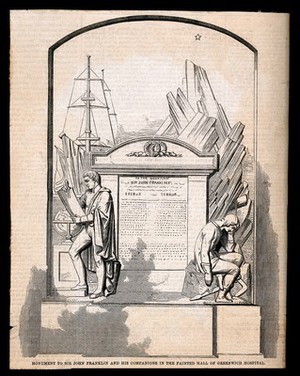 view Monument to Sir John Franklin in the Painted Hall at Greenwich Hospital. Wood engraving after R. Westmacott, 1859.