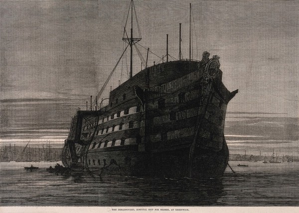 H.M.S. Dreadnought, a hospital ship, moored off Greenwich, rowing boats nearby. Wood engraving, 1870.