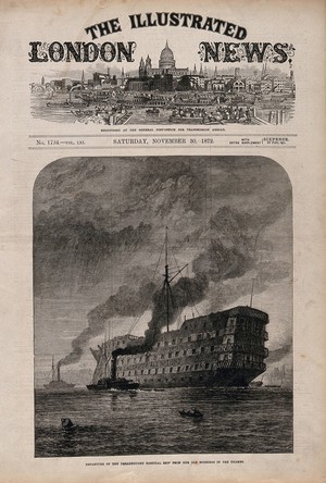 view H.M.S. Dreadnought, a hospital ship, being towed from Greenwich to Chatham by tugs. Wood engraving by J. Greenaway, with letterpress and view of St Paul's Cathedral in title area, 1872.