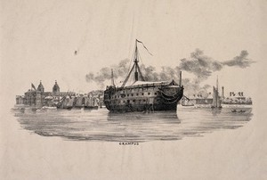 view H.M.S. Grampus, a hospital ship, lying off Deptford Creek, Greenwich, sailing boats nearby. Lithograph by W. P. Kay, ca. 1827.