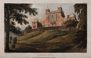 view The Royal Observatory, Greenwich Hill, seen from below. Coloured aquatint after T. H. Shepherd, 1824.