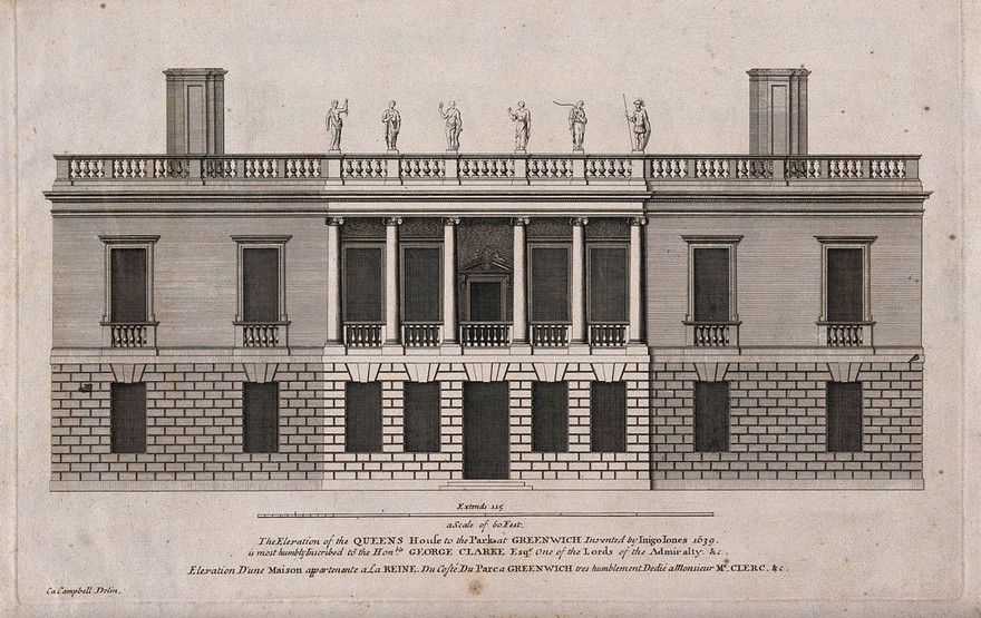 The Queens' House, Greenwich: the southern elevation, with a scale of feet. Engraving by H. Hulsenbergh after C. Campbell, 1715.