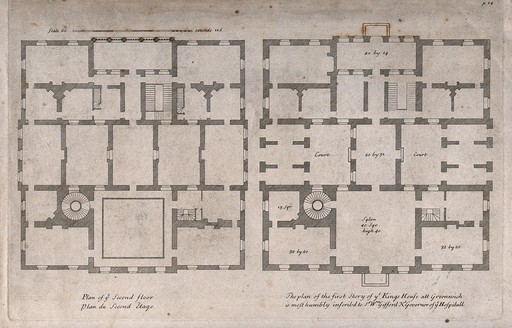The Queens' House, Greenwich: plans of the ground and first floors, with a scale and dimensions. Engraving by H. Hulsenbergh after C. Campbell, 1715.