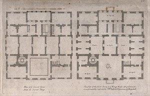 view The Queens' House, Greenwich: plans of the ground and first floors, with a scale and dimensions. Engraving by H. Hulsenbergh after C. Campbell, 1715.