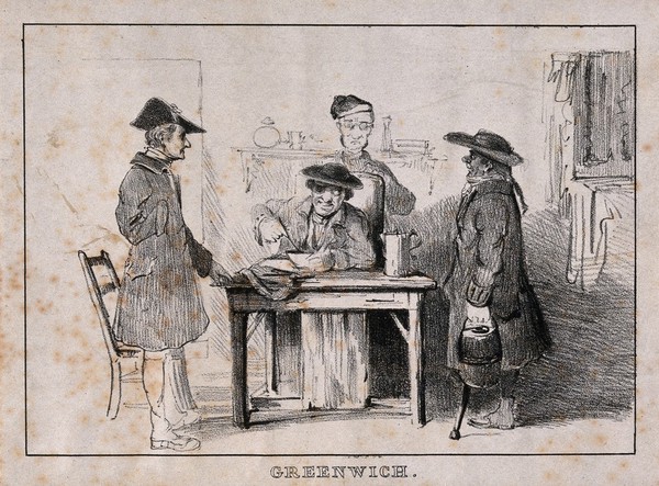 A Greenwich Pensioner sits at table, eating soup, attended [?] by three others: all are disabled in various ways. Lithograph.