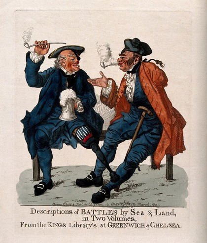 A Greenwich Pensioner sits with a Chelsea Pensioner, telling stories of their campaigns: each is disabled in various ways. Coloured etching by Robert Dighton, 1801.