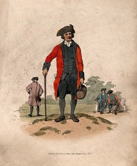 A Chelsea Pensioner, standing, wearing scarlet coat, and tricorn hat with a sprig of oak on it, leaning on a stick and carrying a cylindrical leather satchel, others in the background. Coloured etching by W.H. Pyne, 1805.