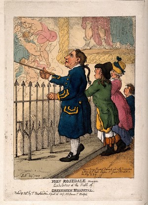 view A Greenwich Pensioner showing the Thornhill decorations in the Painted Hall to a family of visitors. Coloured etching by T. Rowlandson after [J. N.] Esq, 1807.