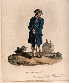 A Greenwich Pensioner with a wooden leg, standing in a landscape, the domes of Greenwich Hospital behind. Coloured aquatint, 1813.