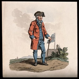view A Chelsea Pensioner, standing in a landscape: a building, flying the Union flag, behind him. Coloured aquatint, 1813.