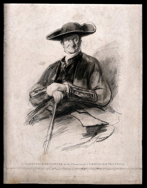 A Greenwich Pensioner, dressed as a retired Commodore. Mixed-method print by F. C. Lewis, 1826, after D. Wilkie, 1823.