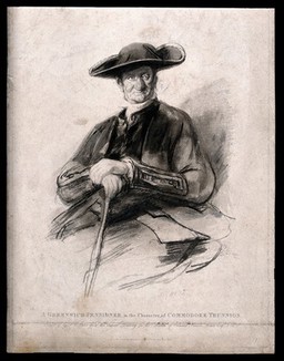 A Greenwich Pensioner, dressed as a retired Commodore. Mixed-method print by F. C. Lewis, 1826, after D. Wilkie, 1823.