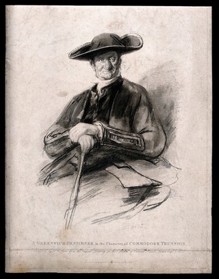 A Greenwich Pensioner, dressed as a retired Commodore. Mixed-method print by F. C. Lewis, 1826, after D. Wilkie, 1823.