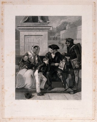 A Greenwich Pensioner recounting his exploits to a small boy, showing him a print called "The blowing up of the Orient": his mother and a print pedlar (?) look on. Engraving by T. Holles, 1845, after E. M. Ward.