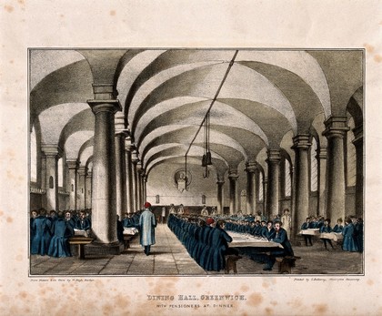 The west dining hall, Greenwich, in the crypt below the Painted Hall, full of Pensioners eating dinner. Coloured lithograph by W. Bligh Barker after himself.