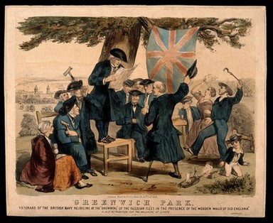 Pensioners of the Royal Naval Hospital, Greenwich, and others, celebrating the destruction of the Russian navy. Coloured lithograph, 1855.
