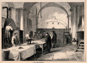 view Everyday life at Greenwich Hospital: Pensioners filing past the serving tables in the west kitchen, vats and ranges against the walls. Wood engraving by M. Jackson.