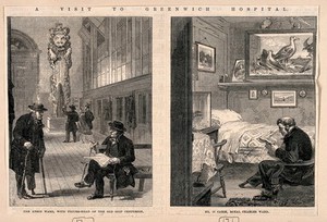 view Everyday life at Greenwich Hospital: left, Pensioners in one of the wards, right, inside one of the "cabbins". Wood engravings by M. Jackson, 1865.