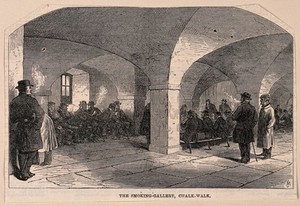 view Everyday life at Greenwich Hospital: Pensioners smoking in the "Chalk walk". Wood engraving by M. Jackson, 1865.