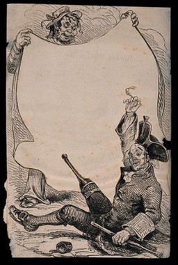 A Greenwich Pensioner, with a pipe in one hand and a stick in the other, being rolled out of a sheet [hammock?] by a sailor. Wood engraving by J. Jackson.