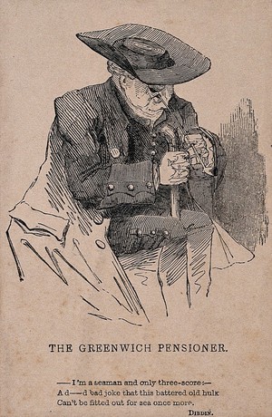 view A Greenwich Pensioner, sitting with his pipe and walking stick. Wood engraving.