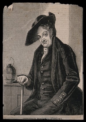 view A Greenwich Pensioner, seated, with a jug near his left hand. Wood engraving.