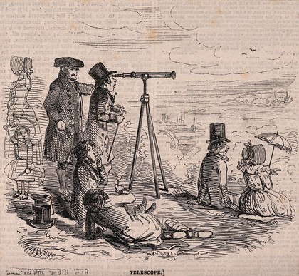 A Greenwich Pensioner, on Greenwich Hill, showing trippers the view with a telescope, and offering clay pipes for sale (?). Wood engraving.