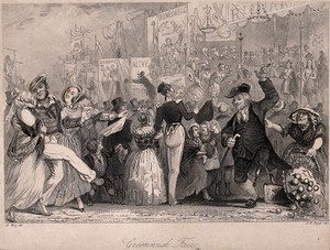 view Crowds at Greenwich Park, dancing, watching side shows, etc. Engraving by A. H. Payne after A. Wray.
