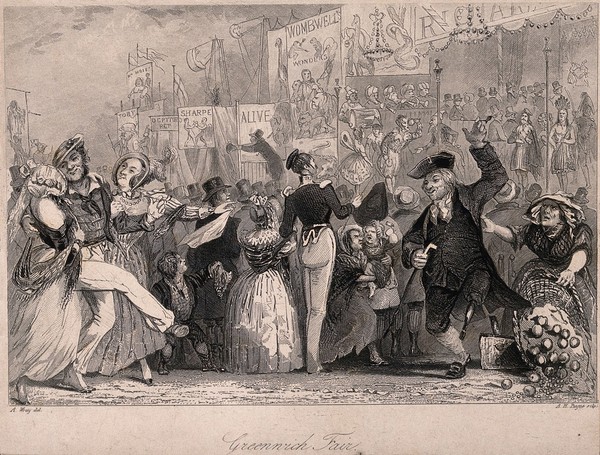 Crowds at Greenwich Park, dancing, watching side shows, etc. Engraving by A. H. Payne after A. Wray.