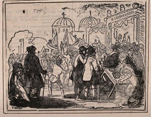 view Crowds at Greenwich Fair, watching performers in booths, eating, etc.: the twin domes of Greenwich Hospital are visible in the background. Wood engraving by [I.B.] after Findlay.